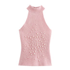 Women's Pearl-Detail Halter Tank Top – Rhinestone Trim