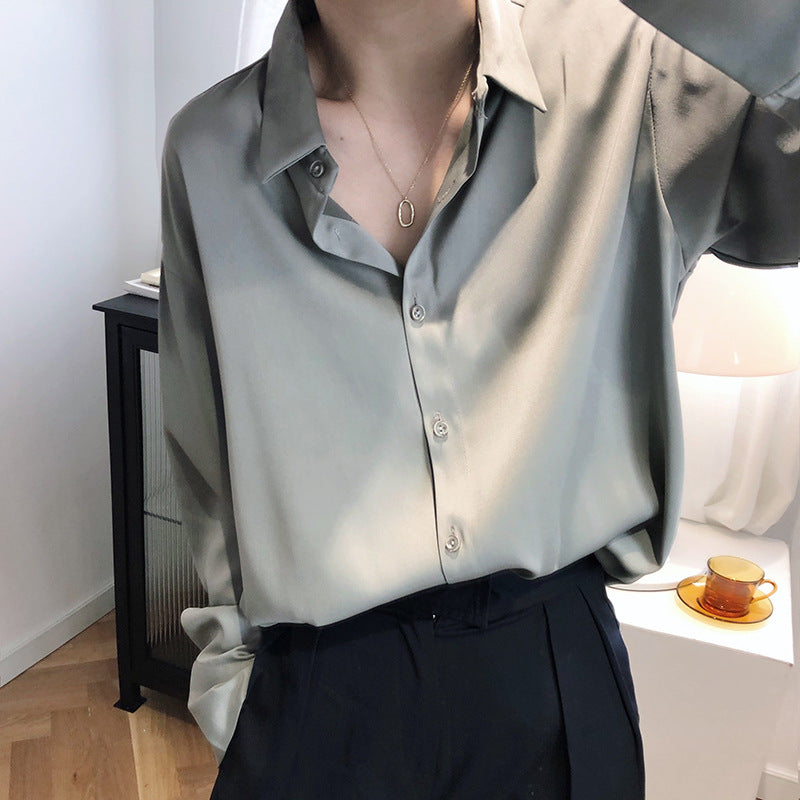 Women's Draped Satin-Texture Collared Shirt