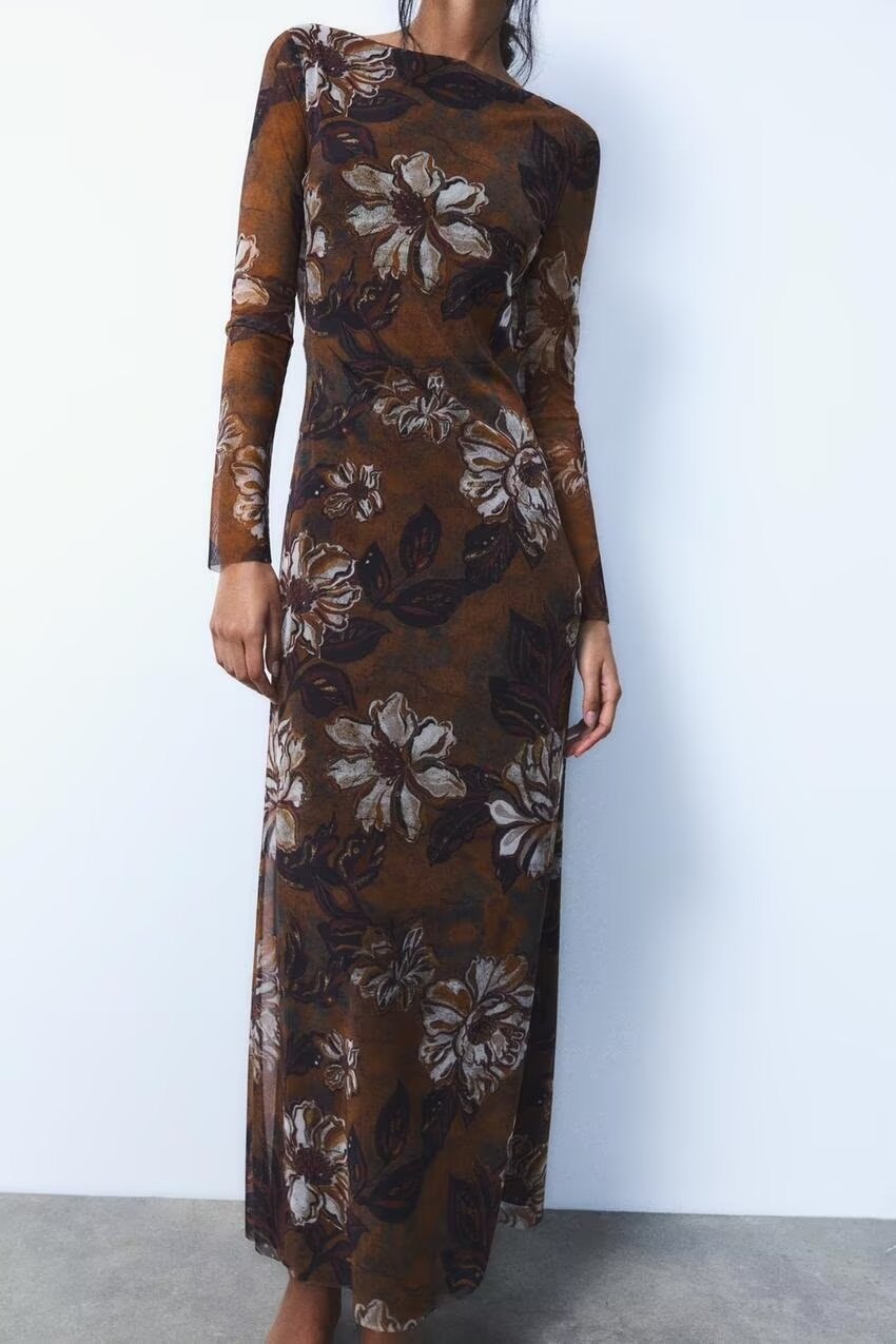 Waist Trimming Printing Silk Net Word Collar Length Dress