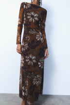 Waist Trimming Printing Silk Net Word Collar Length Dress