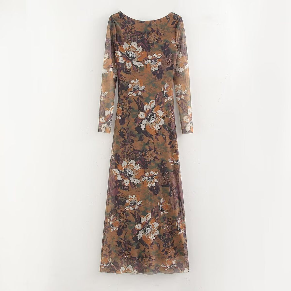 Waist Trimming Printing Silk Net Word Collar Length Dress