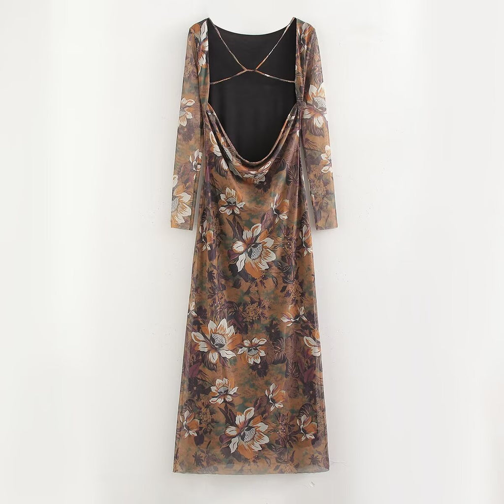 Waist Trimming Printing Silk Net Word Collar Length Dress