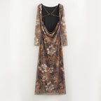 Waist Trimming Printing Silk Net Word Collar Length Dress