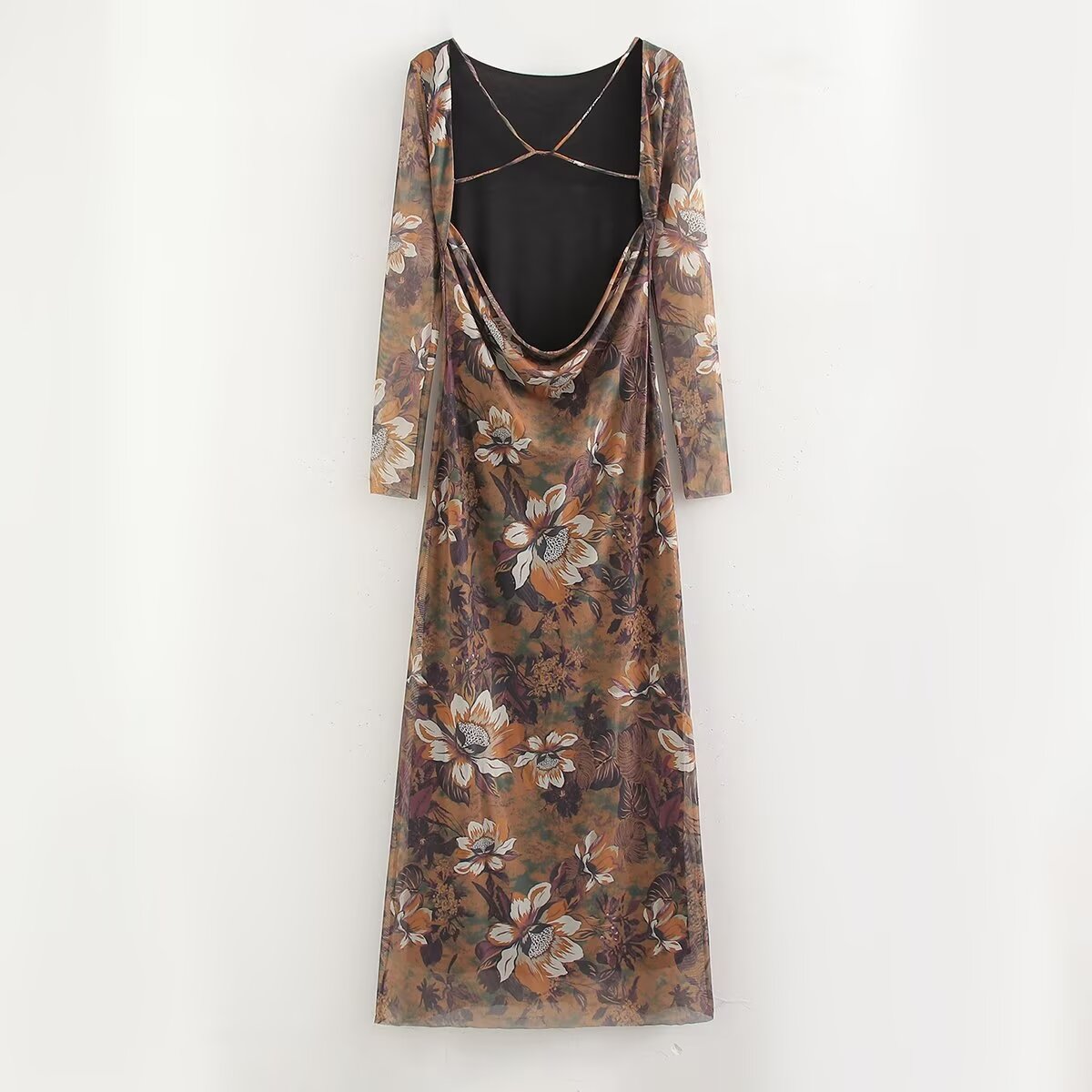 Waist Trimming Printing Silk Net Word Collar Length Dress