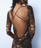 Waist Trimming Printing Silk Net Word Collar Length Dress