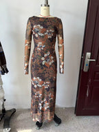 Waist Trimming Printing Silk Net Word Collar Length Dress
