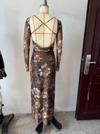 Waist Trimming Printing Silk Net Word Collar Length Dress