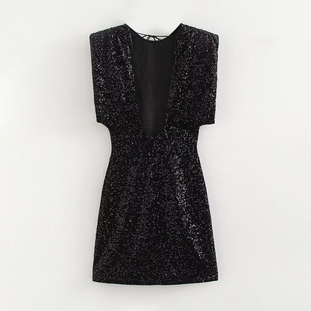 Women's Crew-Neck Sequin Backless Short-Sleeve Mini Dress