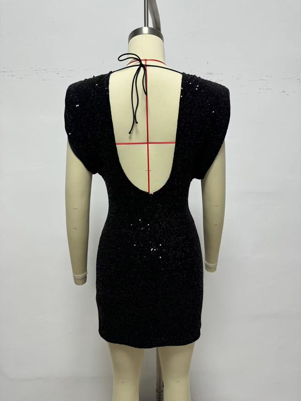 Women's Crew-Neck Sequin Backless Short-Sleeve Mini Dress