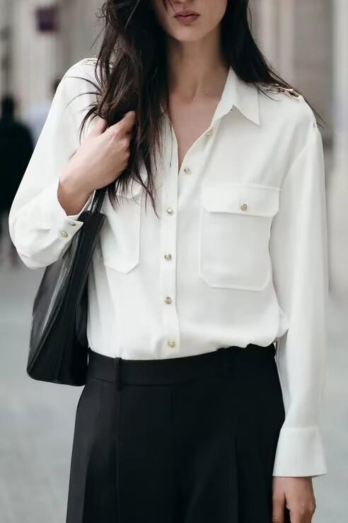 Women's Long Sleeve Shoulder Inlaid Crepe Shirt