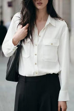 Women's Long Sleeve Shoulder Inlaid Crepe Shirt