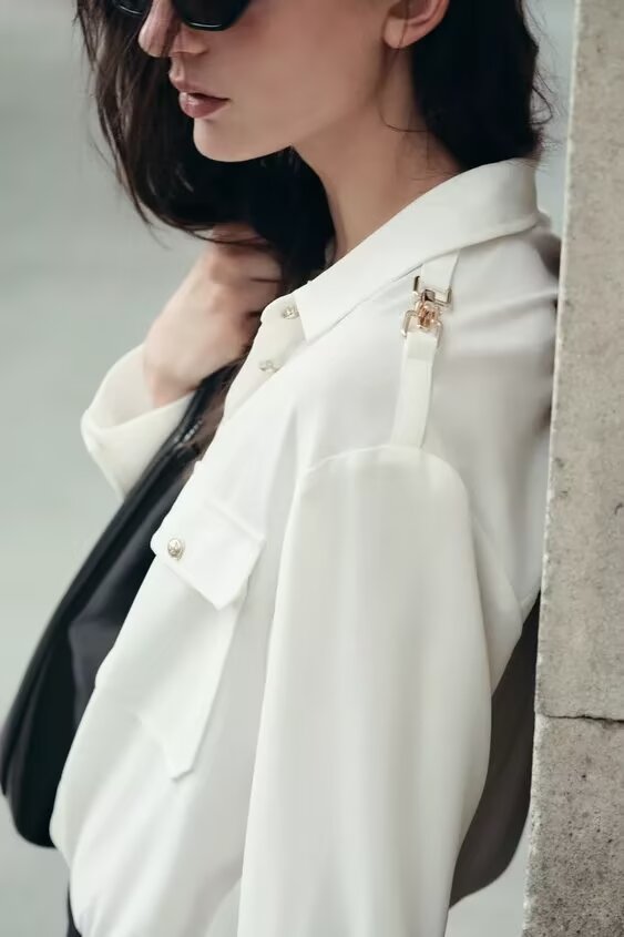 Women's Long Sleeve Shoulder Inlaid Crepe Shirt