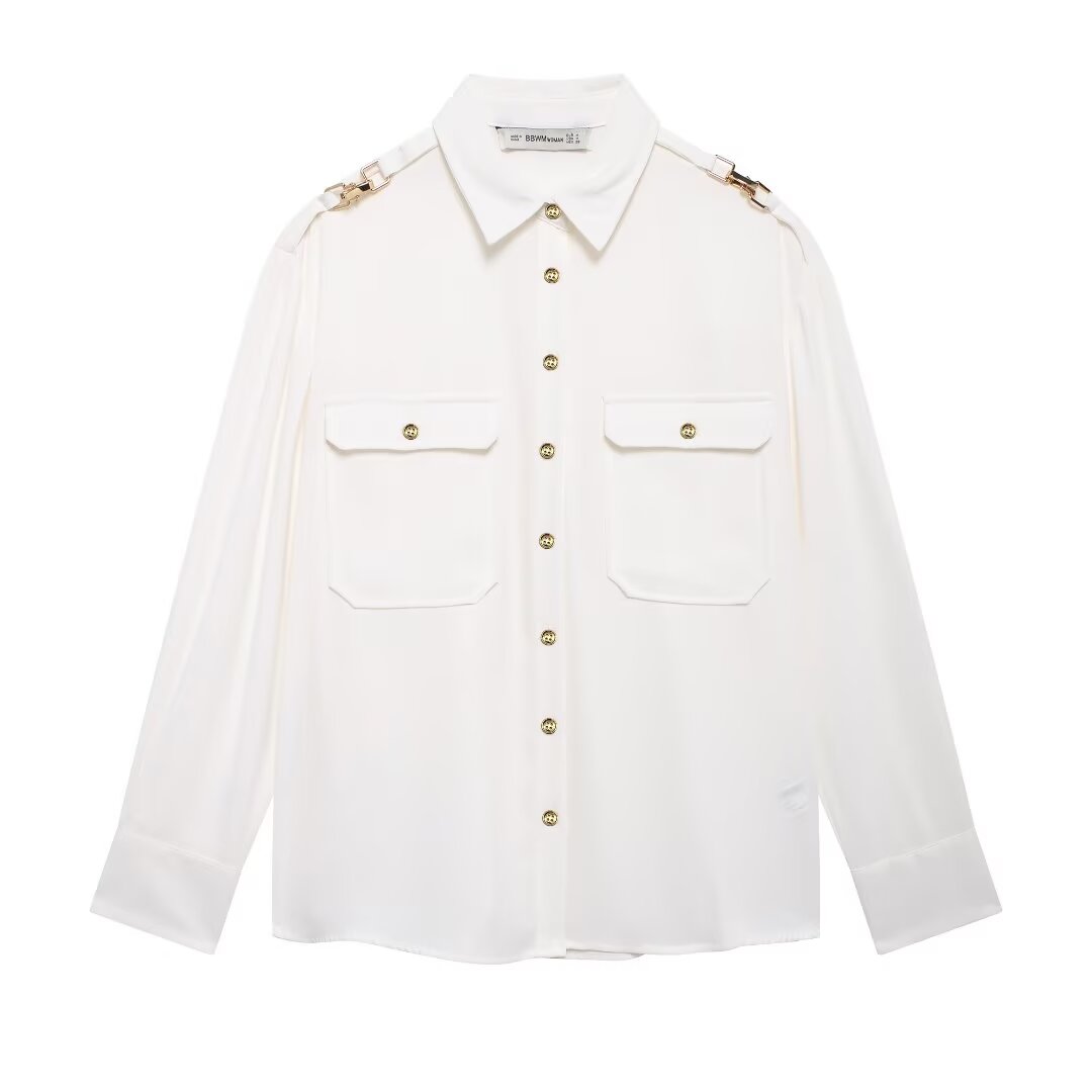 Women's Long Sleeve Shoulder Inlaid Crepe Shirt