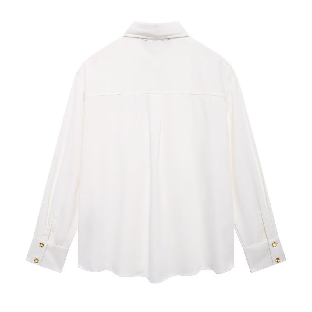 Women's Long Sleeve Shoulder Inlaid Crepe Shirt
