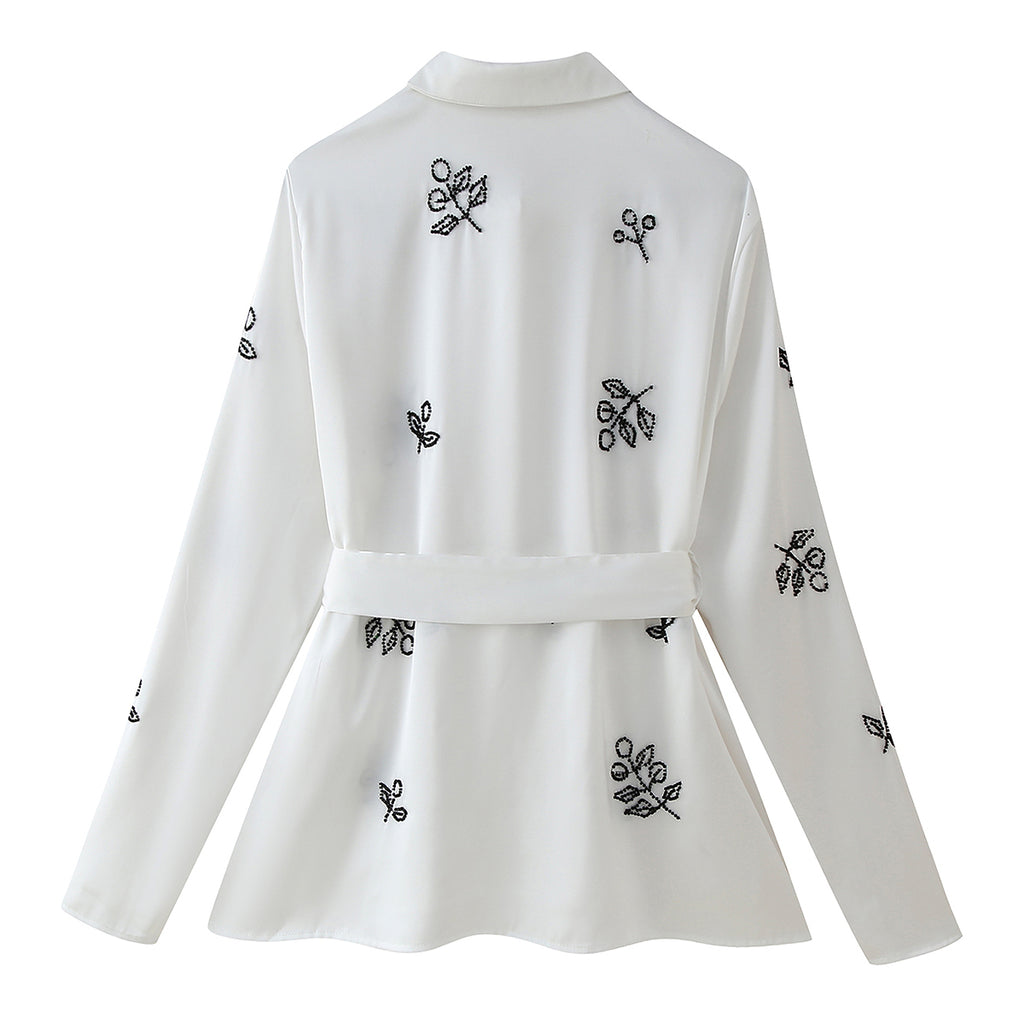 Women's Fall Women Clothing Stylish Simple Beaded Embroidered Satin Long Sleeve Shirt
