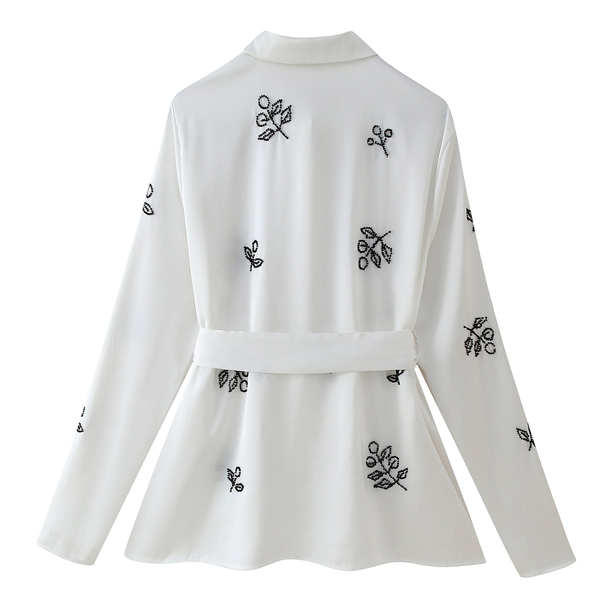 Women's Fall Women Clothing Stylish Simple Beaded Embroidered Satin Long Sleeve Shirt