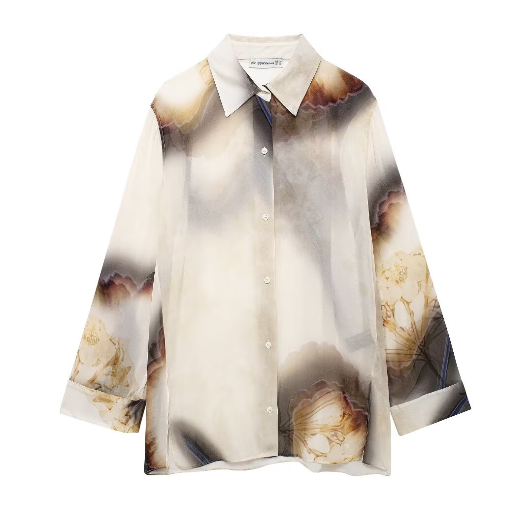 Women's Single Breasted Long Sleeve Printed Shirt