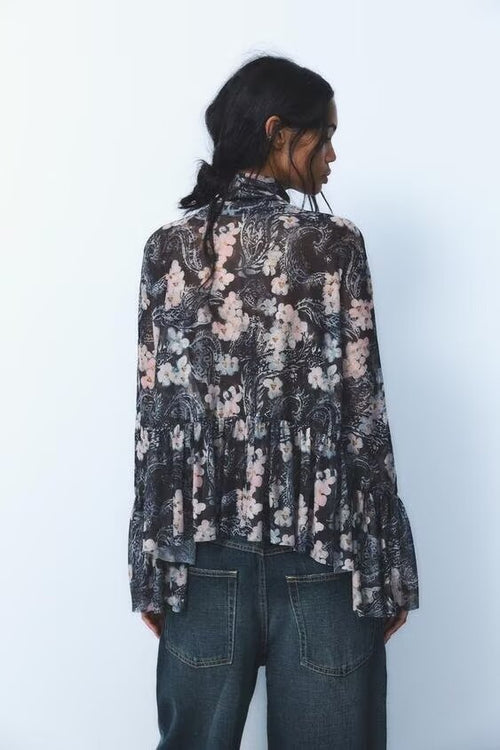 Autumn Women Clothing Casual Half Turtleneck Printed Silk Net