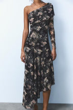 Floral One-Shoulder Asymmetric Midi Dress