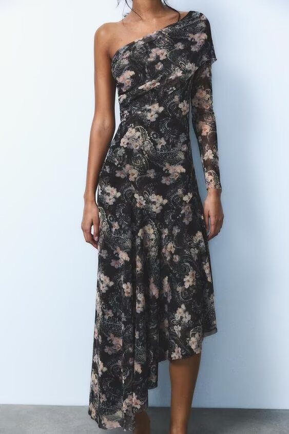 Floral One-Shoulder Asymmetric Midi Dress