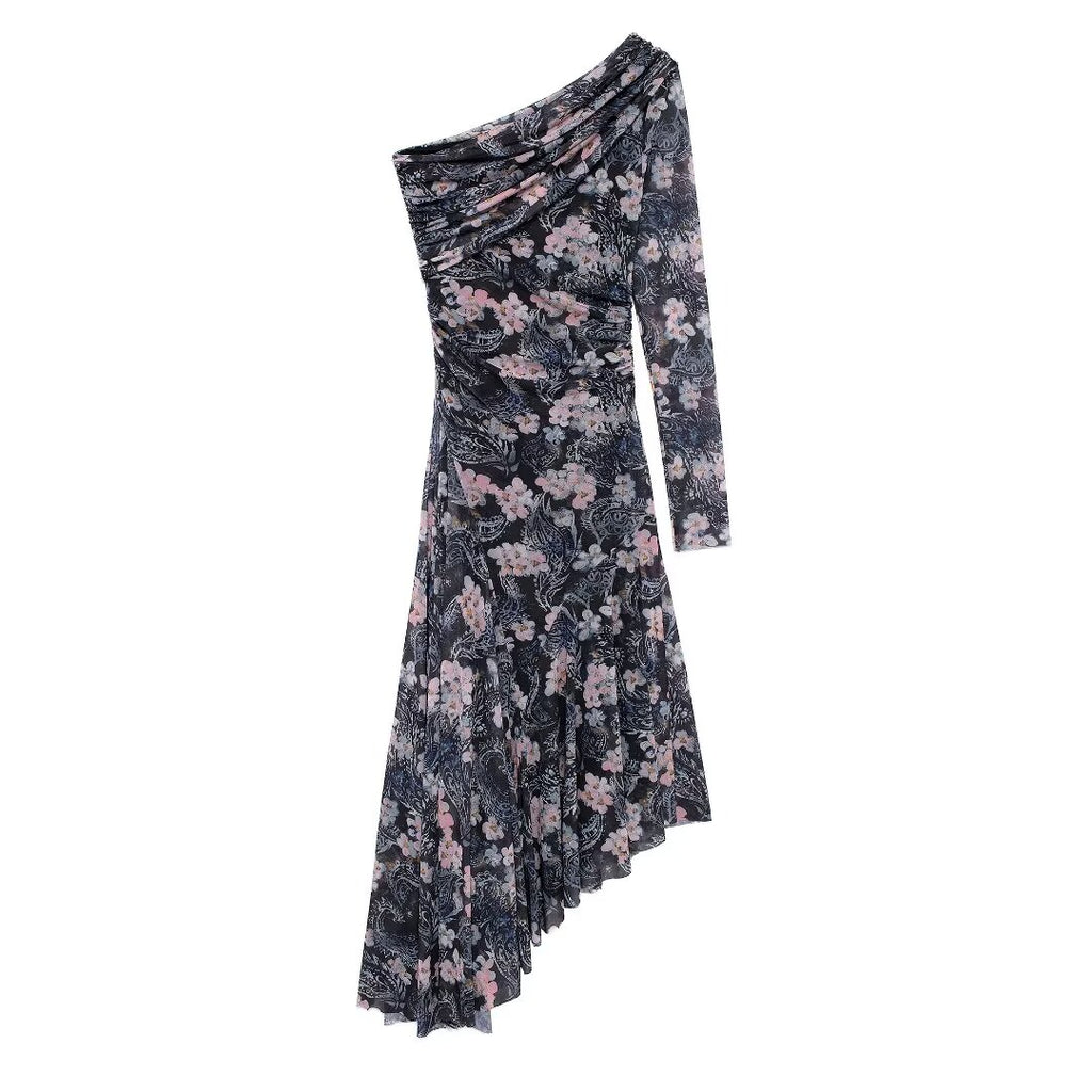 Floral One-Shoulder Asymmetric Midi Dress