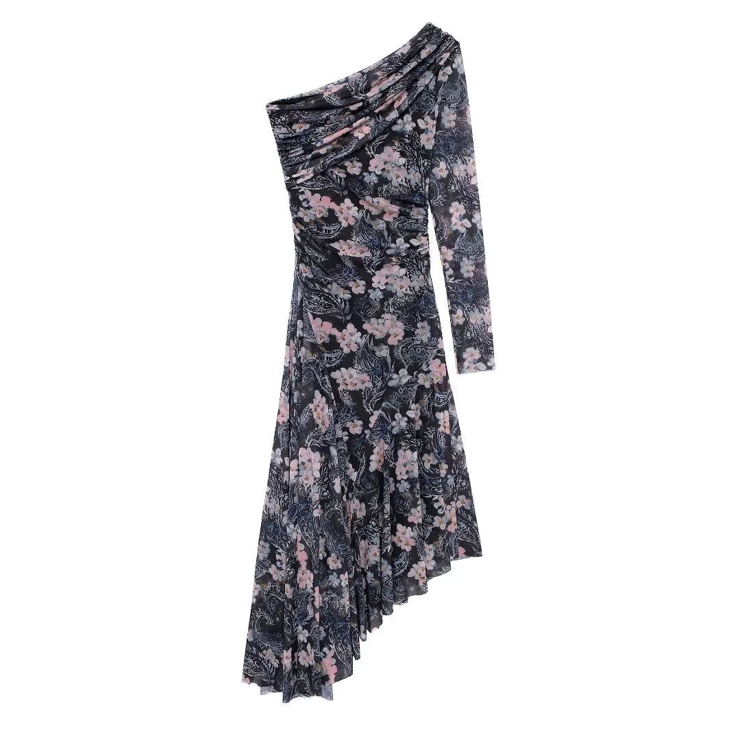 Floral One-Shoulder Asymmetric Midi Dress