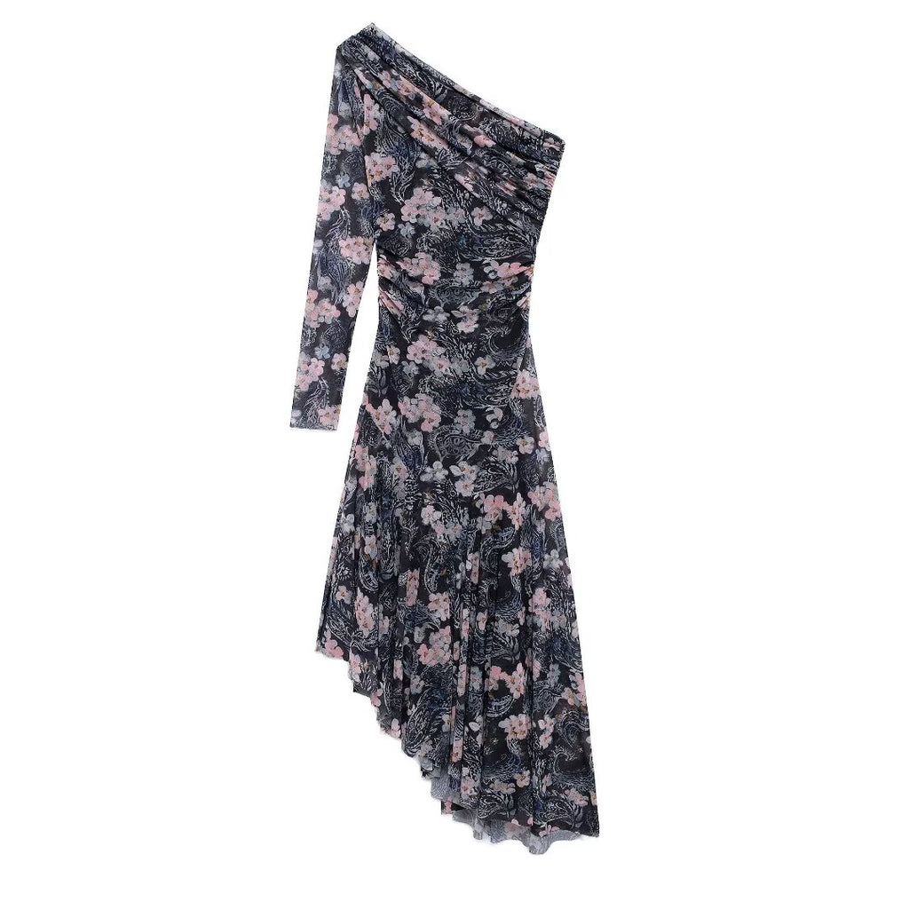 Floral One-Shoulder Asymmetric Midi Dress