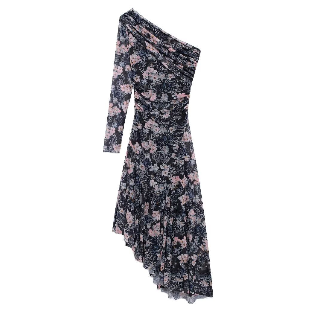 Floral One-Shoulder Asymmetric Midi Dress