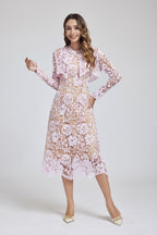 Lace Buckle Long-Sleeve A-Line Midi Dress
