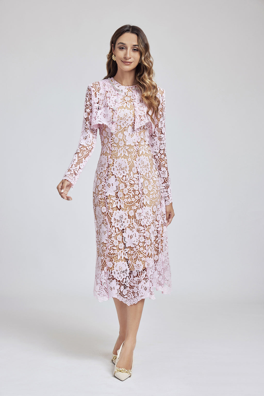 Lace Buckle Long-Sleeve A-Line Midi Dress