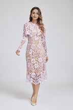 Lace Buckle Long-Sleeve A-Line Midi Dress
