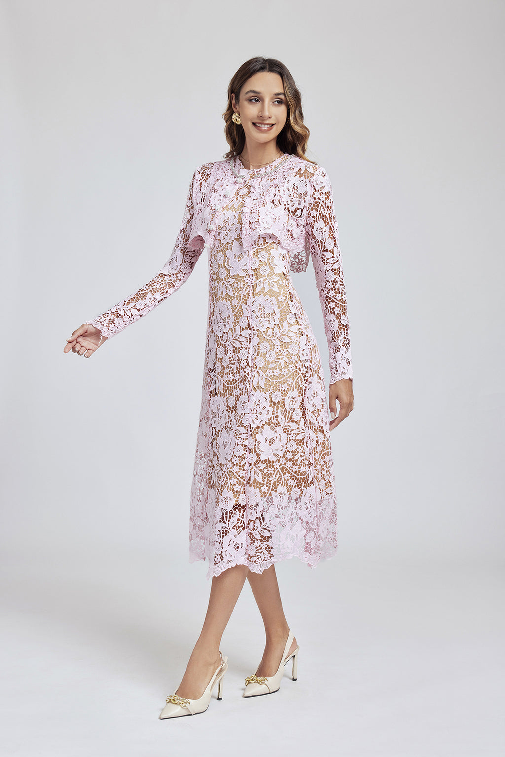 Lace Buckle Long-Sleeve A-Line Midi Dress