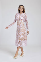 Lace Buckle Long-Sleeve A-Line Midi Dress
