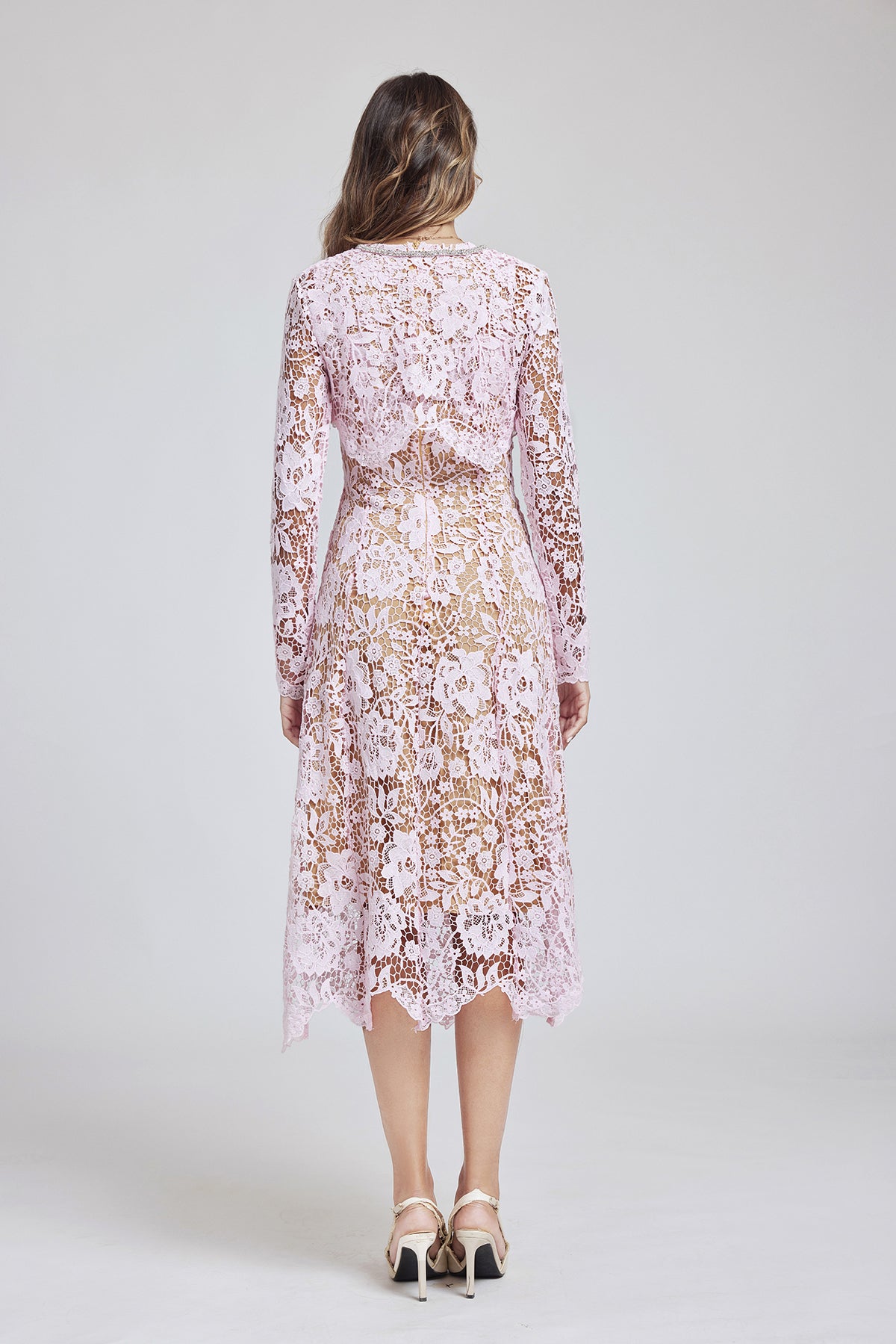 Lace Buckle Long-Sleeve A-Line Midi Dress