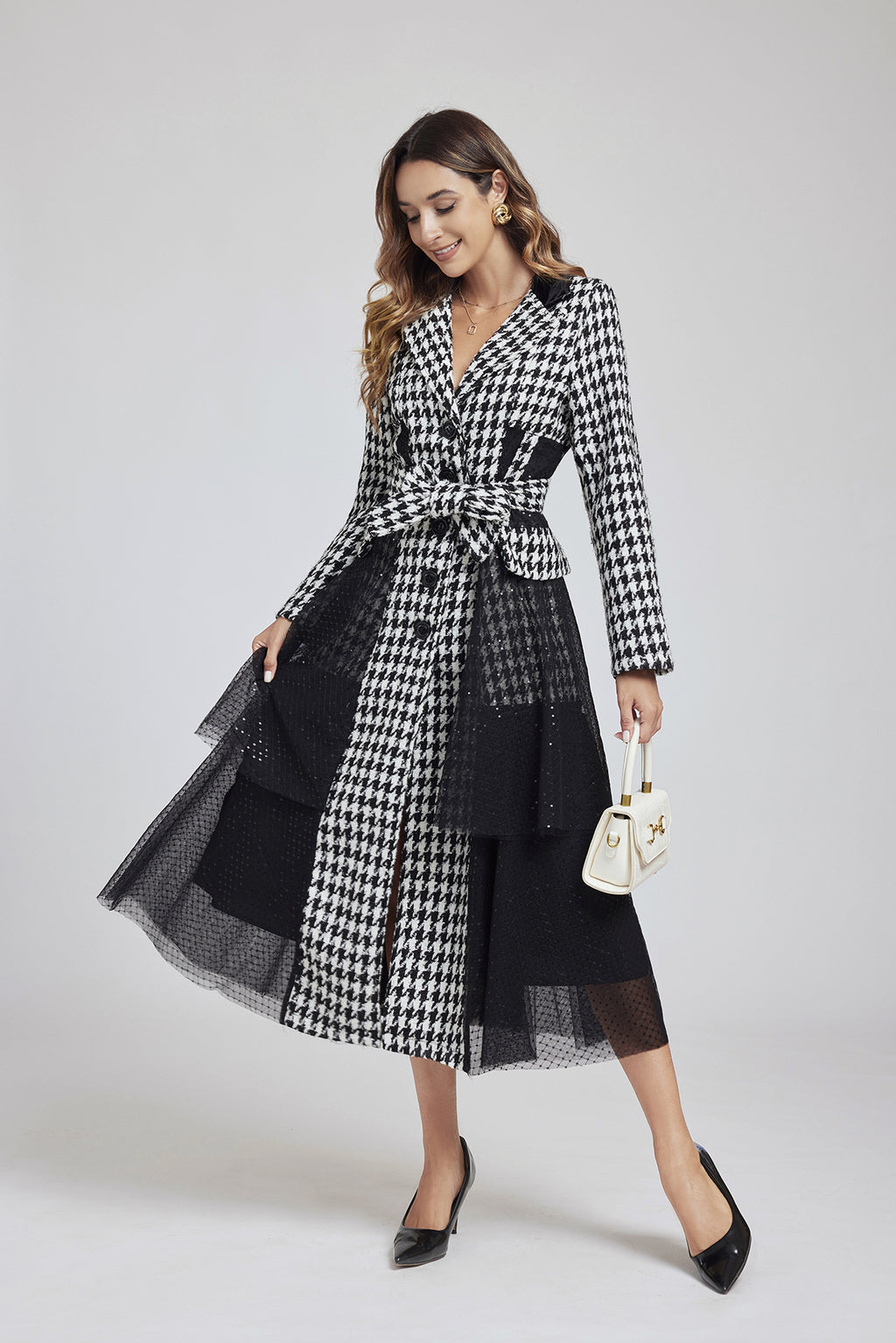 Women's 's Plaid Tweed Sequin Lace Dress