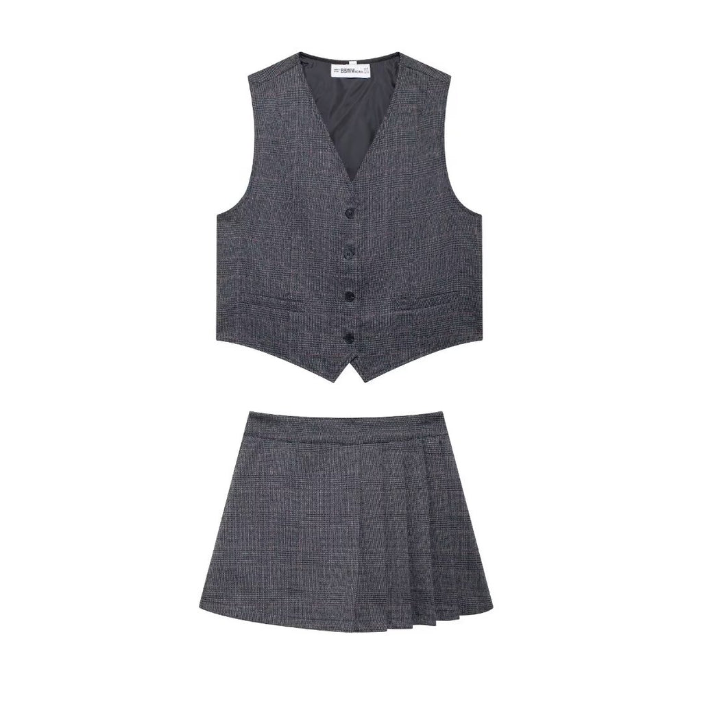 Women's Stripes Plaid Pleated Pantskirt Coordinated Two-Piece Set