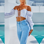 Women's Off Shoulder Tube Lace Up Bare Cropped Slim Fit T-Shirt