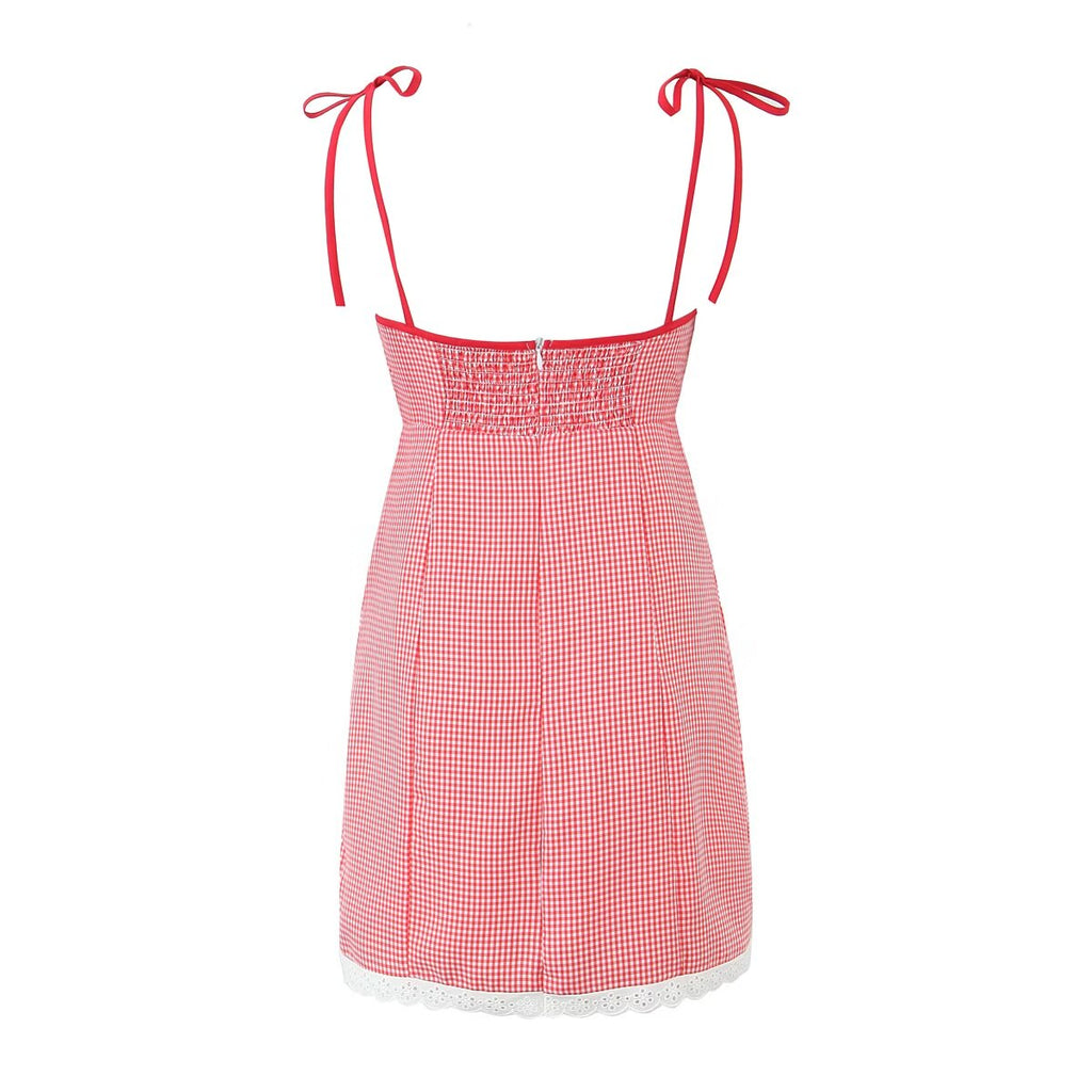 Sweet Pink Plaid Lace Band Slip Dress