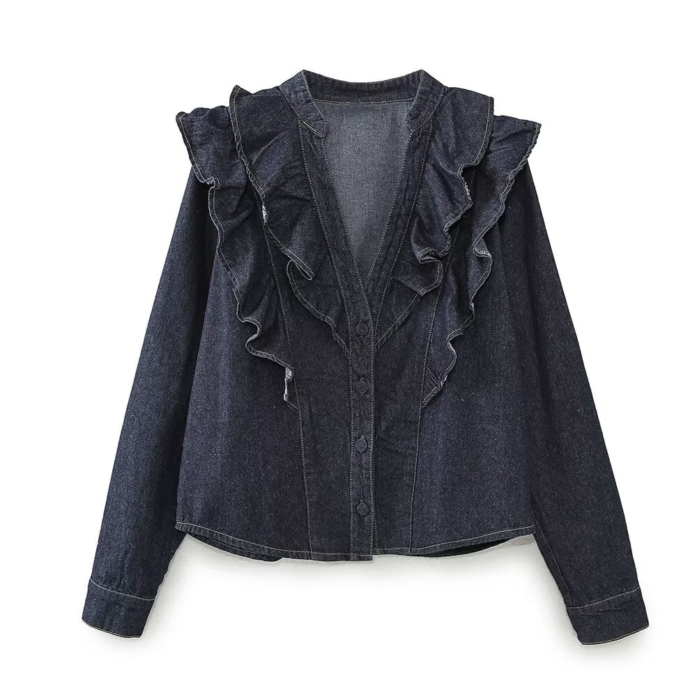 Autumn Clothing Laminated Decoration Denim Shirt Two-Piece Pants Sets