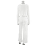 V neck Knitted Tied Lotus Leaf Cropped Top Trousers Fall Winter Two Piece Sets