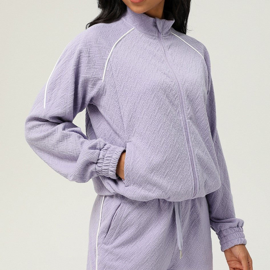Women's Texture Sports Long Sleeve Coat Shorts Casual Women Yoga Wear Two Piece Sets
