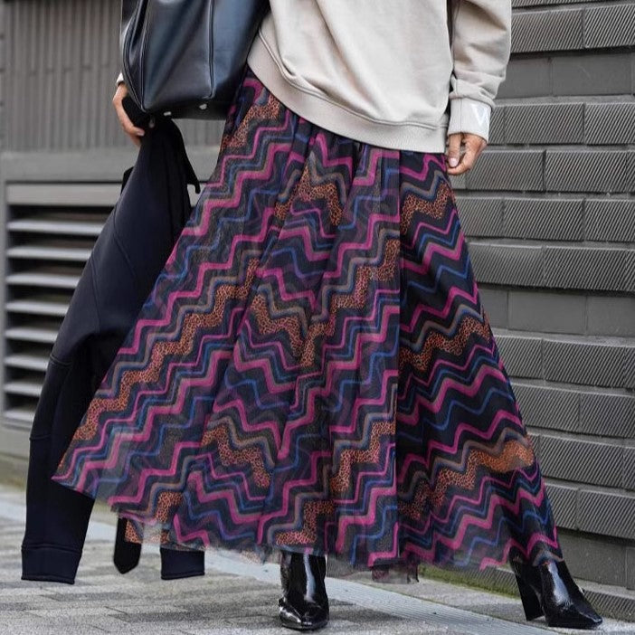 Red Same Printed Wide Hem Gauzy Skirt