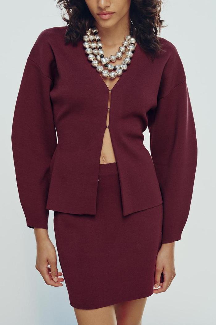 Women's Knit V-Neck Long-Sleeve Skirt Suit Two-Piece Set