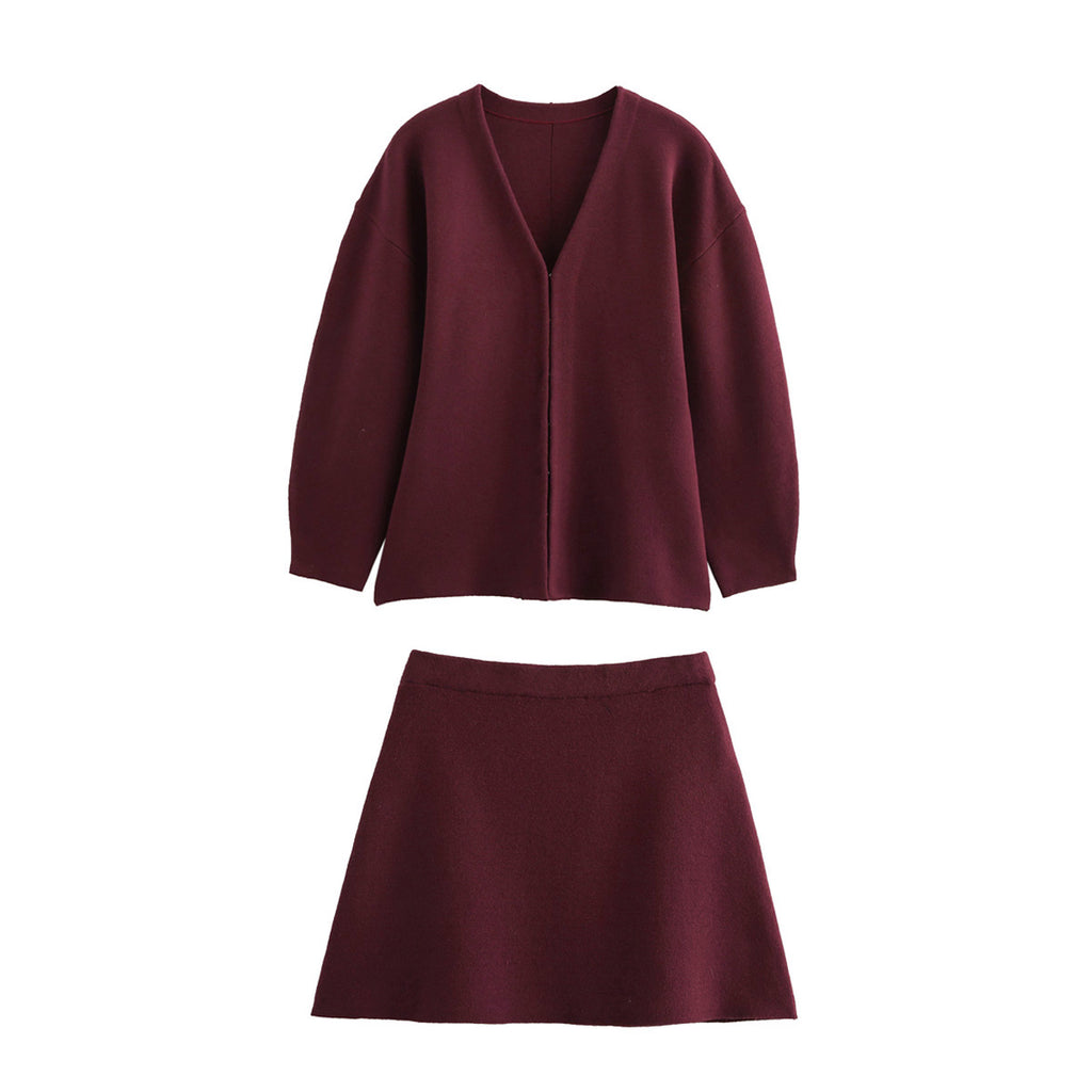 Women's Knit V-Neck Long-Sleeve Skirt Suit Two-Piece Set