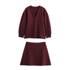 Women's Knit V-Neck Long-Sleeve Skirt Suit Two-Piece Set