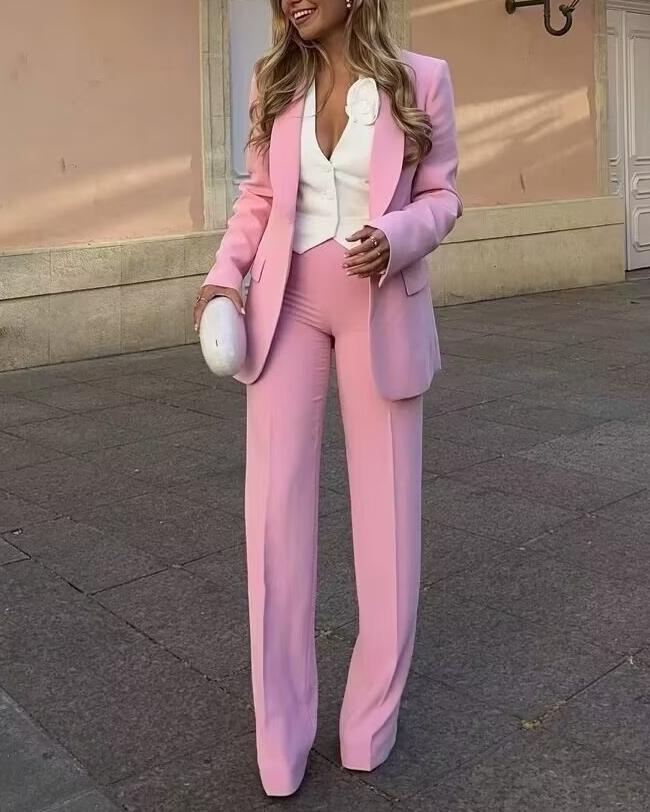Women's Autumn Women Clothing Women Clothing Tuxedo Collar Blazer High Waist Loose Trousers