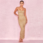 Women's Mesh Ruched Spaghetti-Strap Split Maxi Dress