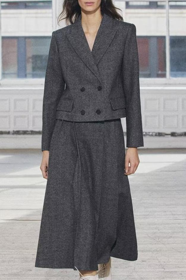Women's Autumn Winter Herringbone Twill Blazer and Skirt Two-Piece Set