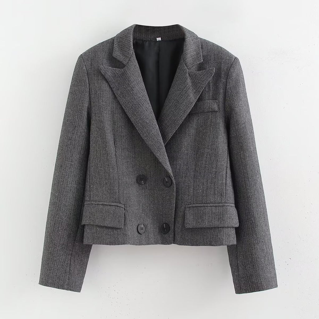 Women's Autumn Winter Herringbone Twill Blazer and Skirt Two-Piece Set