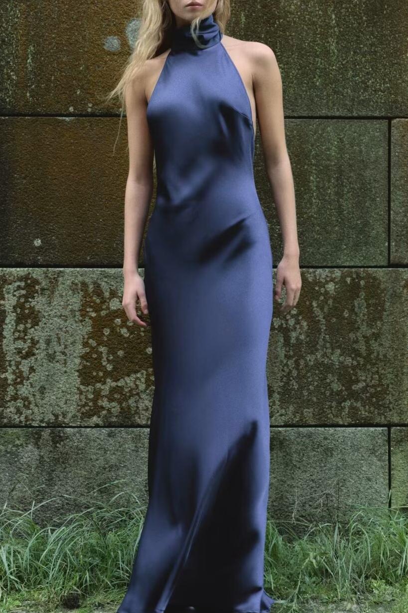 Winter Hanging Collar Silk Satin Maxi Dress